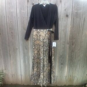 LULAROE DEANNE DRESS WOMEN M BLACK GOLD FULL WRAP TIE WAIST MAXI STRETCH NEW